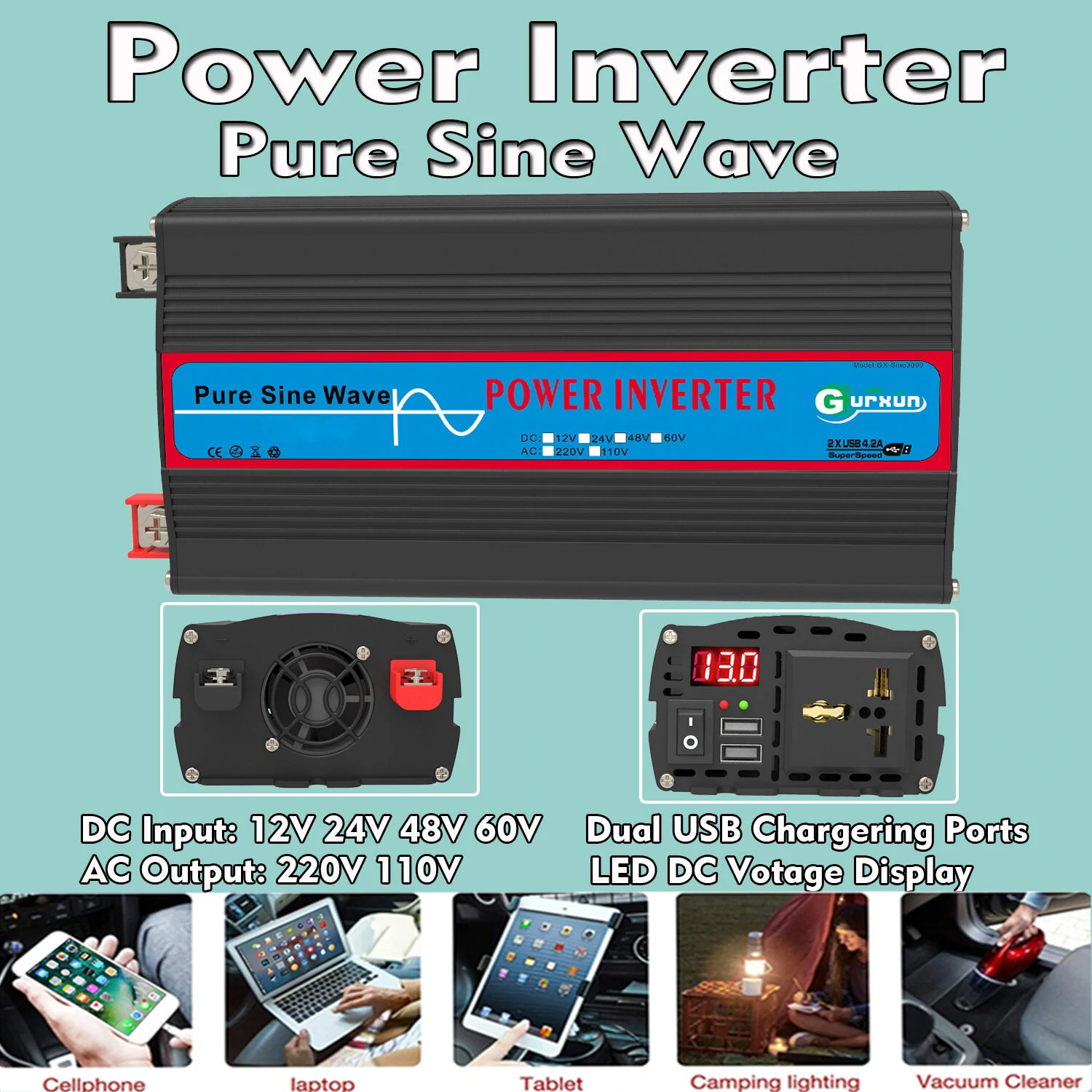 (image for) 1000W Peak Power Car Inverter Sine Wave Car Inverter Solar Inverter Photovoltaic Inverter Outdoor Emergency Power Supply