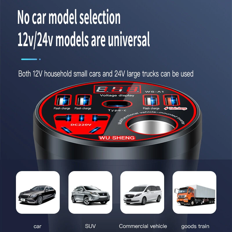 (image for) 12V 24V to 220V Power Inverter with Multi-function Car Socket Charger Fast Charging for Mobile Phones Car Inverter Charger Power Converter QC3.0 USB Fast Charging