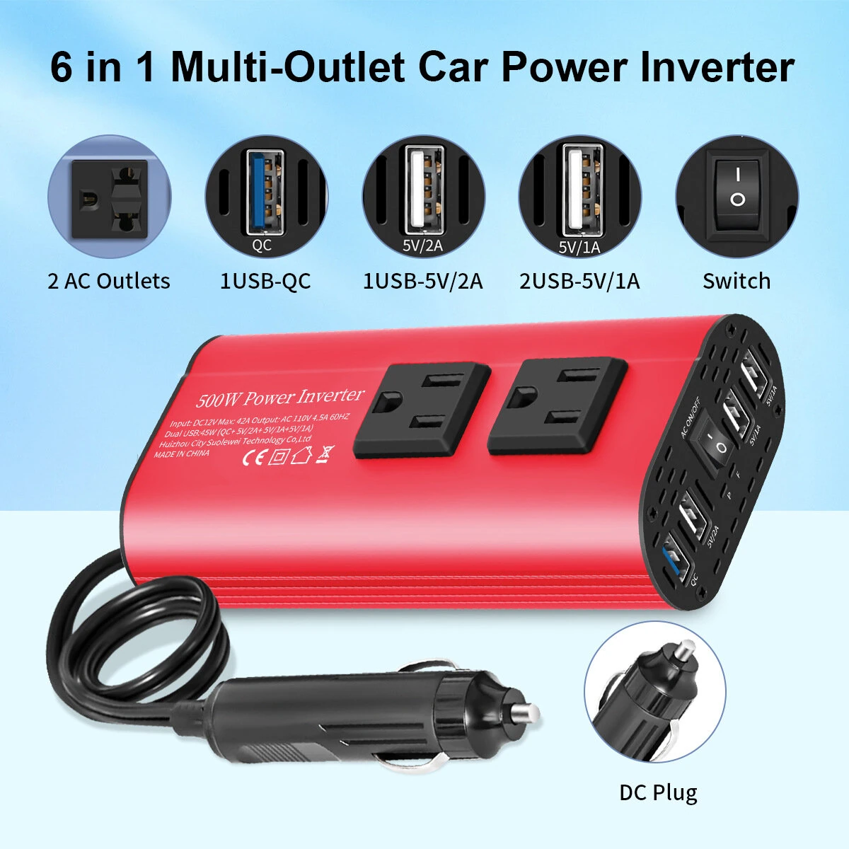 (image for) 12V to 220V Car Inverter Modified Sine Wave Car Power Converter 500W Peak Power Quick and Smart Charging