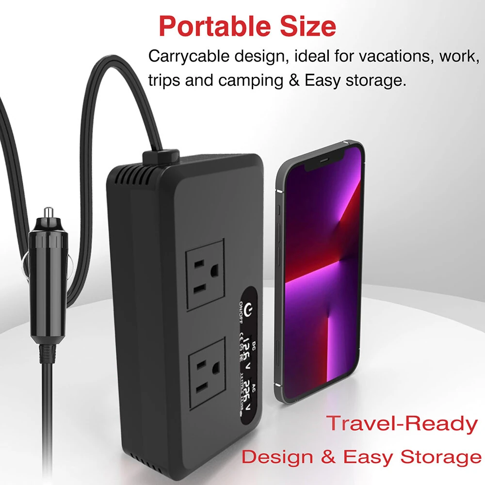 (image for) 200W Car Power Inverter 12V to 220V 110V Modified Wave Smart USB Fast Charger with LCD Display 2 USB Chargers 2 Type-C Chargers