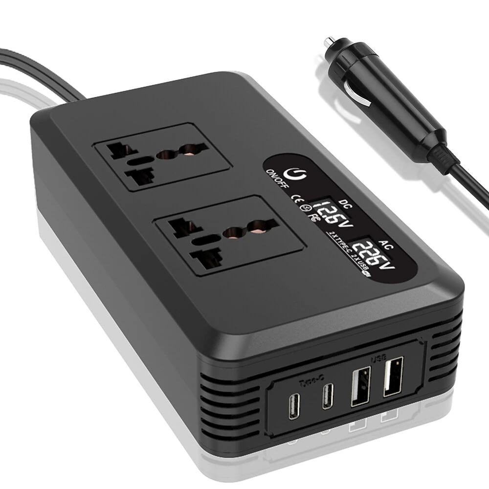 (image for) 200W Car Power Inverter 12V to 220V 110V Modified Wave Smart USB Fast Charger with LCD Display 2 USB Chargers 2 Type-C Chargers