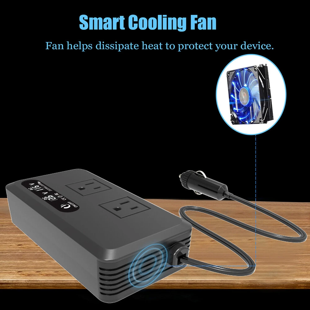 (image for) 200W Car Power Inverter 12V to 220V 110V Modified Wave Smart USB Fast Charger with LCD Display 2 USB Chargers 2 Type-C Chargers