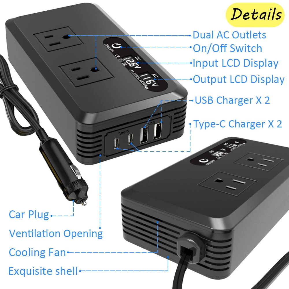 (image for) 200W Car Power Inverter 12V to 220V 110V Modified Wave Smart USB Fast Charger with LCD Display 2 USB Chargers 2 Type-C Chargers