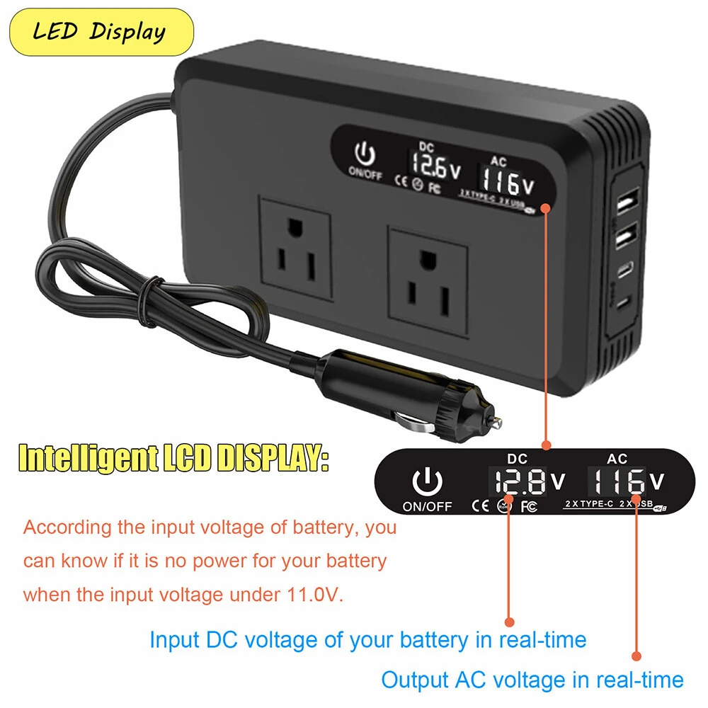 (image for) 200W Car Power Inverter 12V to 220V 110V Modified Wave Smart USB Fast Charger with LCD Display 2 USB Chargers 2 Type-C Chargers