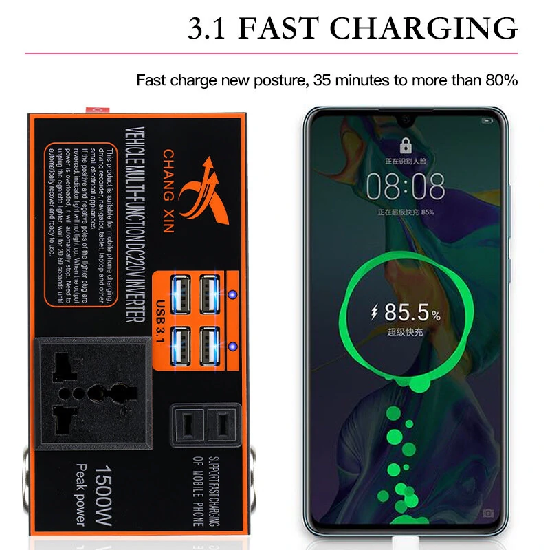 (image for) 200W Car Power Inveter DC 12V/24V to AC 220V Converter Socket 4 USB Fast Charger