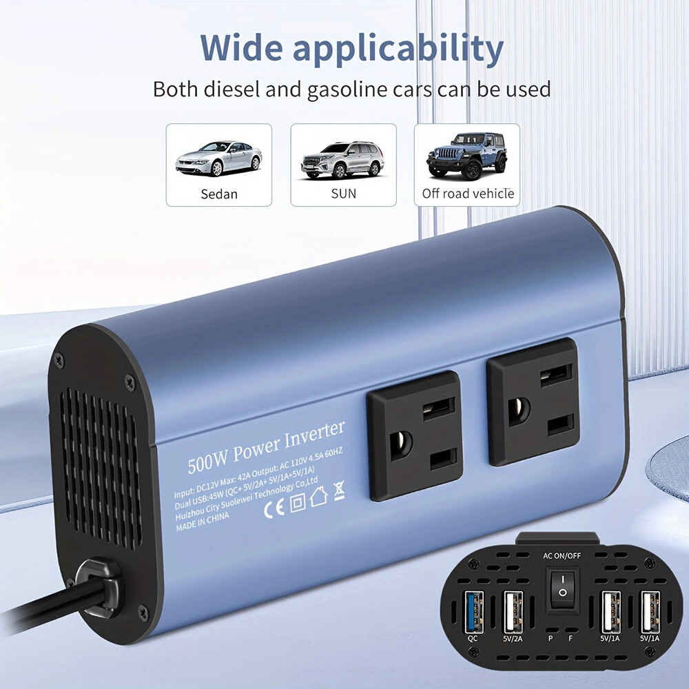 (image for) 500W Peak Car Power Inverter DC 12V to AC 110V LCD Display Dual AC Outlets 4 USB Car Charger for Car Home Laptop Truck