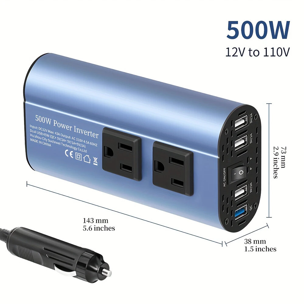 (image for) 500W Peak Car Power Inverter DC 12V to AC 110V LCD Display Dual AC Outlets 4 USB Car Charger for Car Home Laptop Truck