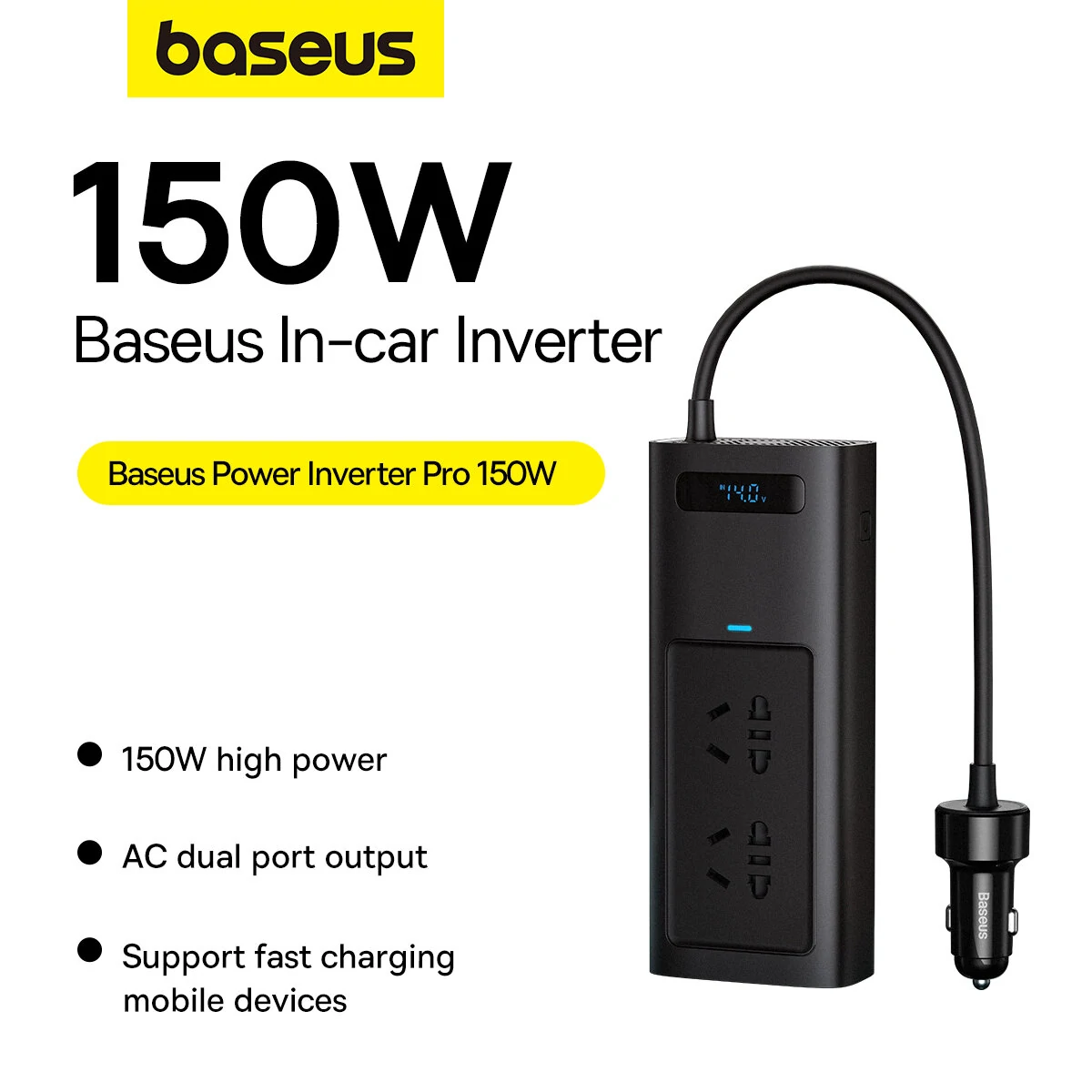 (image for) Baseus 150W Car Inverter USB Type C 30W DC12V to AC 220V 110V Auto Power Inversor Fast Charger For Car Power Adapter