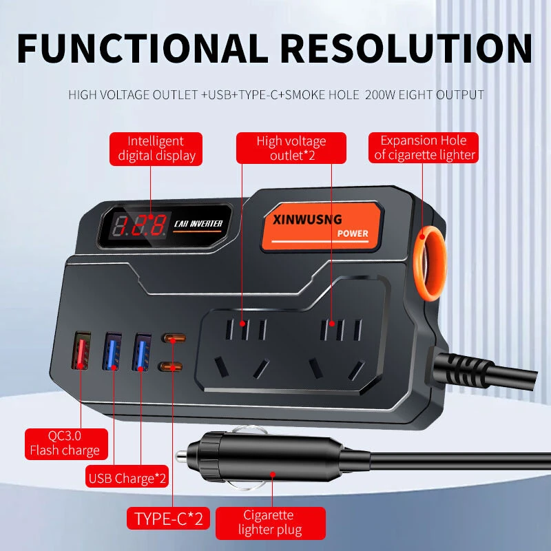 (image for) Car Inverter 12V 24V To 220V Car Booster Charging Truck Household Socket Power Conversion Multi-function Vehicle Inverter Charger