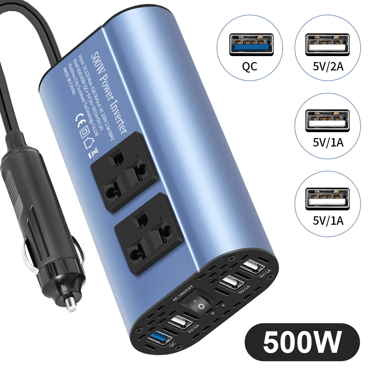 (image for) TATALIKEN Car Power Inverter 300/500W 12V to 110V / 220V 6 In 1 Multi Outlet Inverter Modified Sine Wave Car Power Converter EU/US Standard Sockets